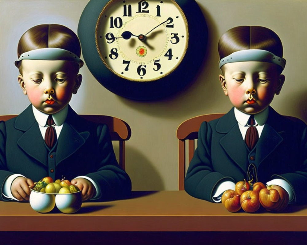 Identical robotic figures in suits at table with fruit bowls and clock