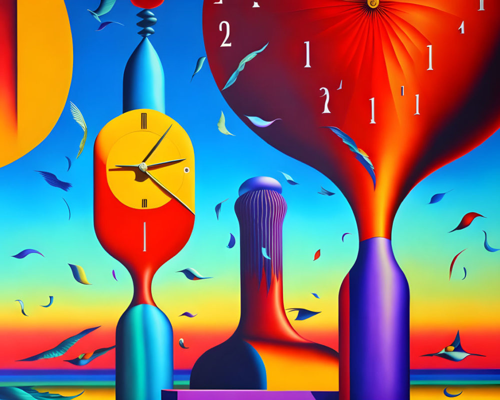 Vibrant surreal art: abstract shapes, melting clocks, birds, split blue-orange backdrop