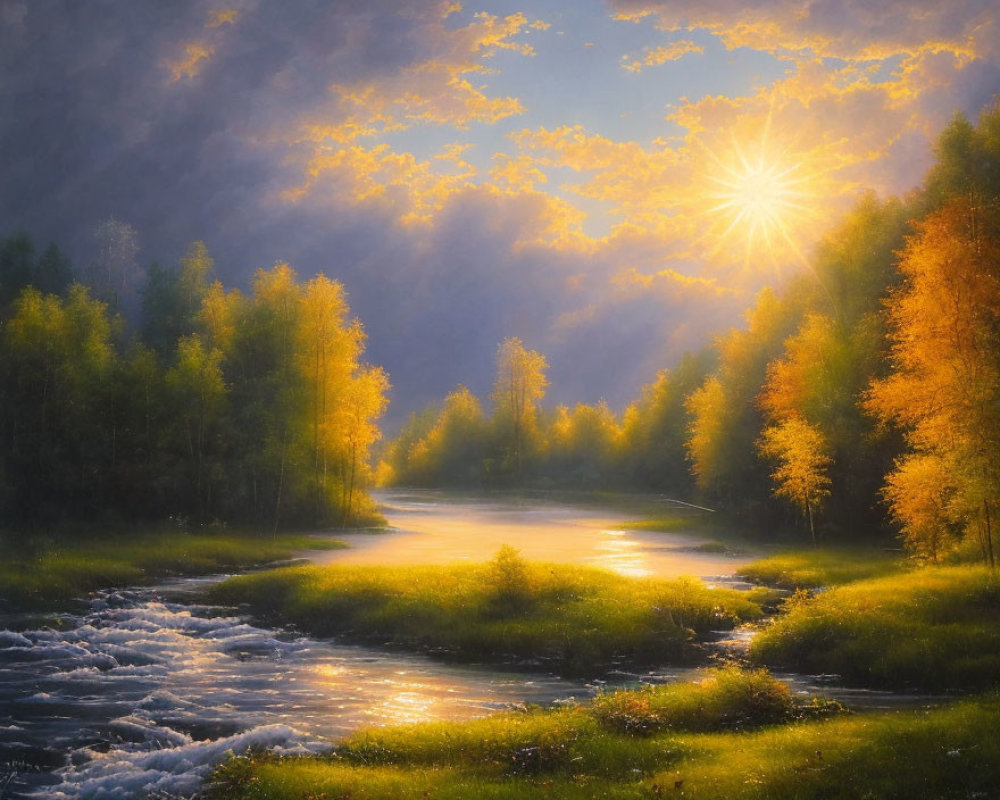 Tranquil river flowing through lush forest under sunlit sky