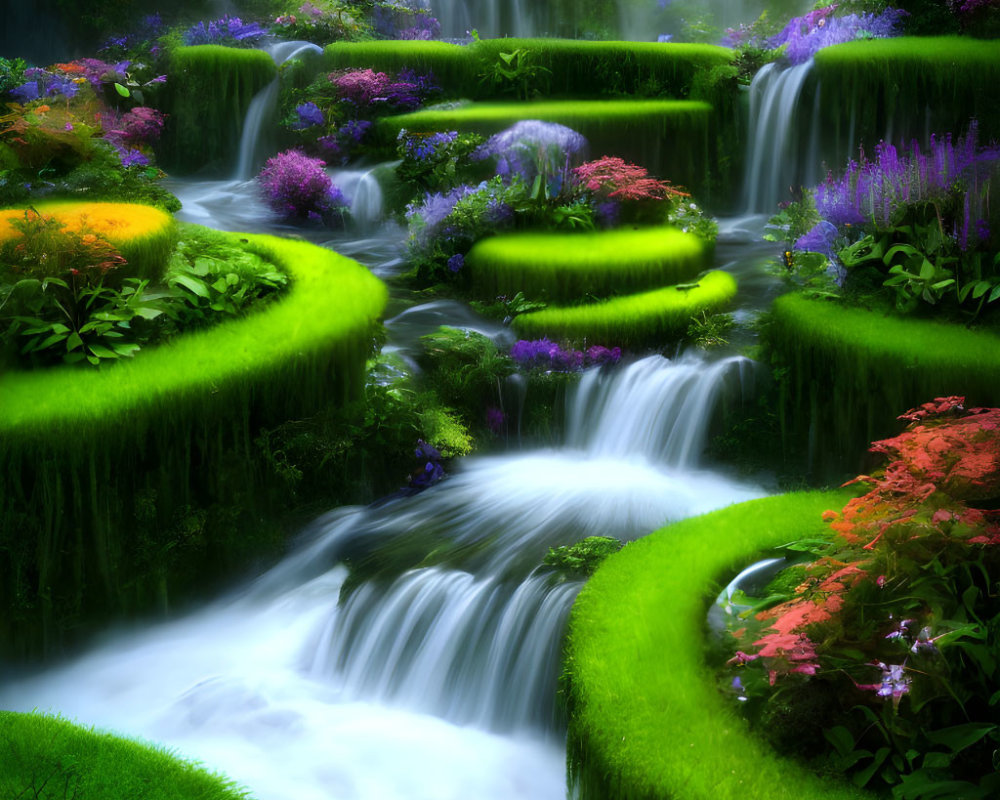 Lush Garden with Waterfalls, Moss-Covered Terraces & Colorful Flowers