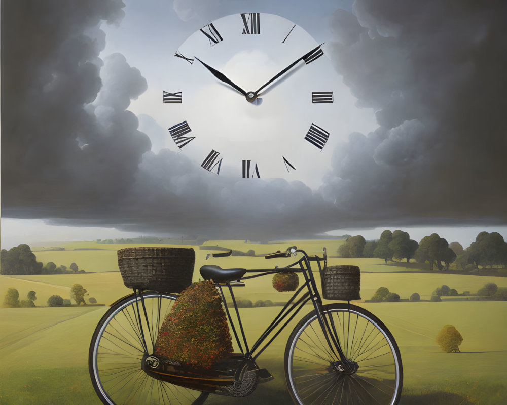 Surreal landscape with bicycle and floating clock in stormy sky