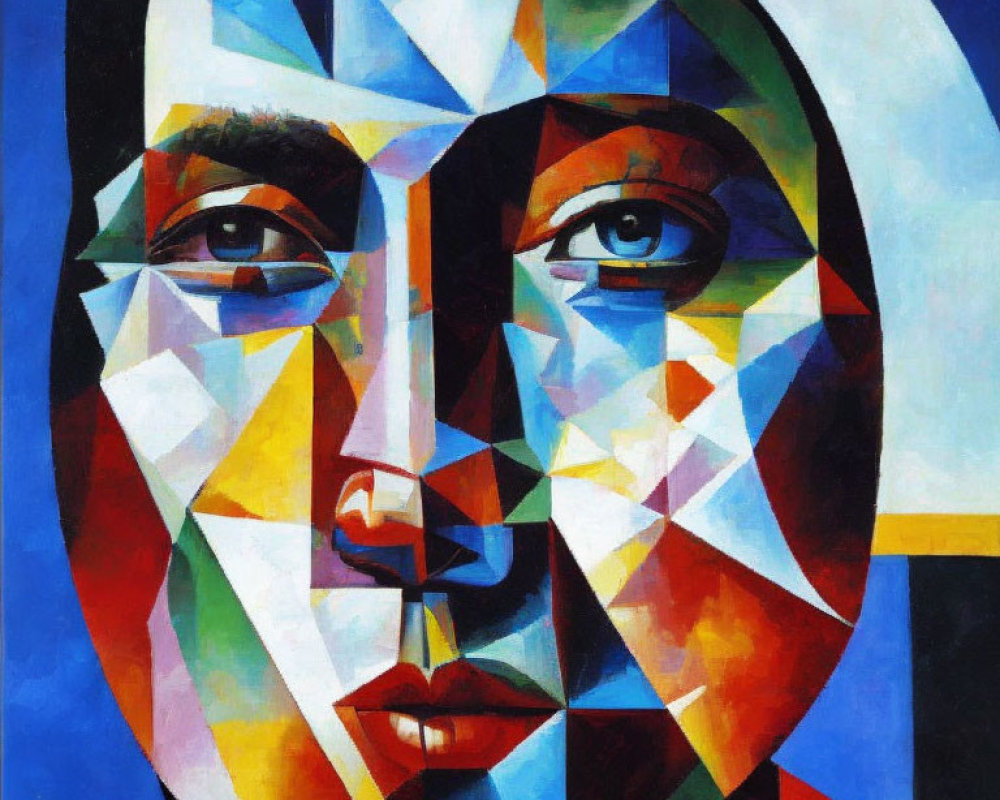 Abstract Cubist Portrait in Blue, White, Green & Red Geometric Shapes