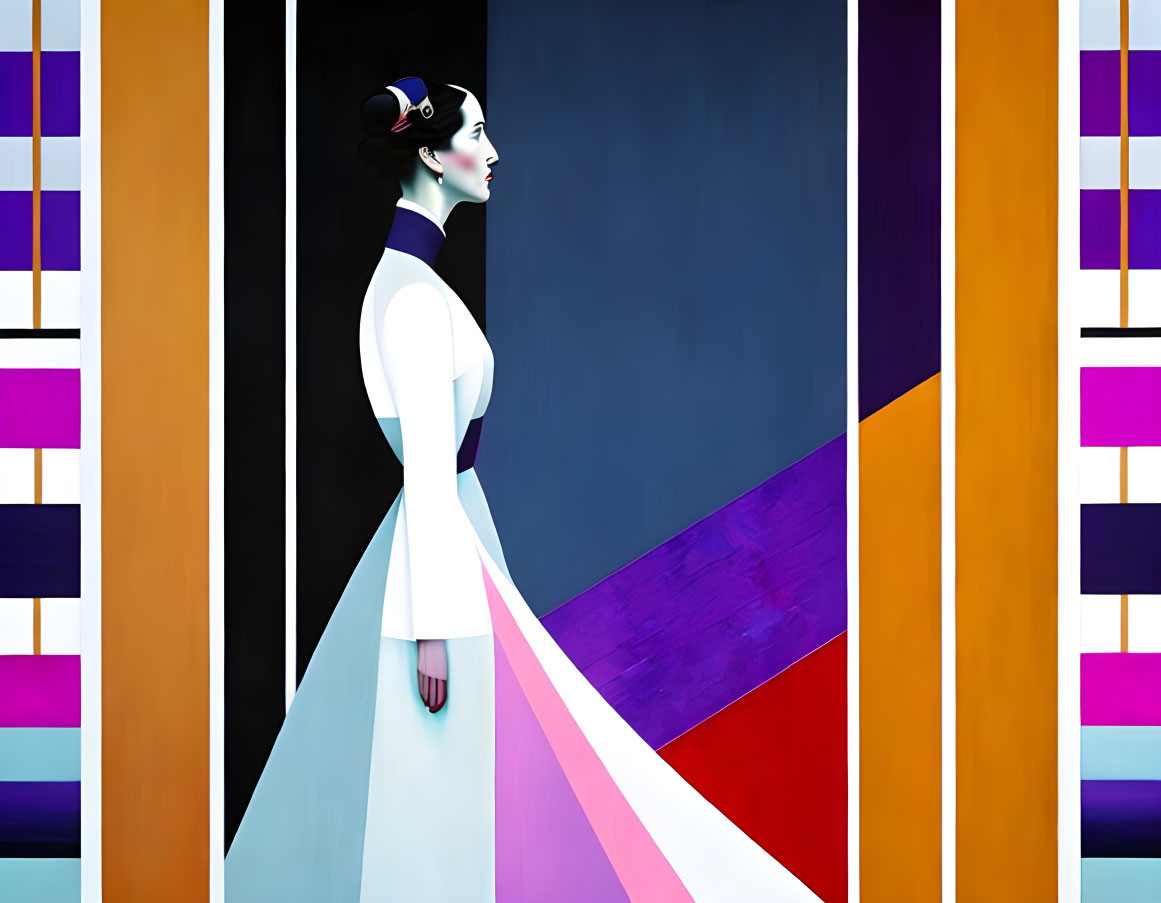 Vivid geometric patterns in artwork of woman in white dress