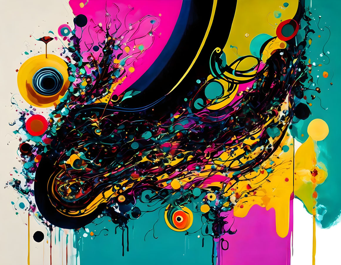 Colorful Abstract Artwork: Yellow, Black, and Pink Swirls and Drips