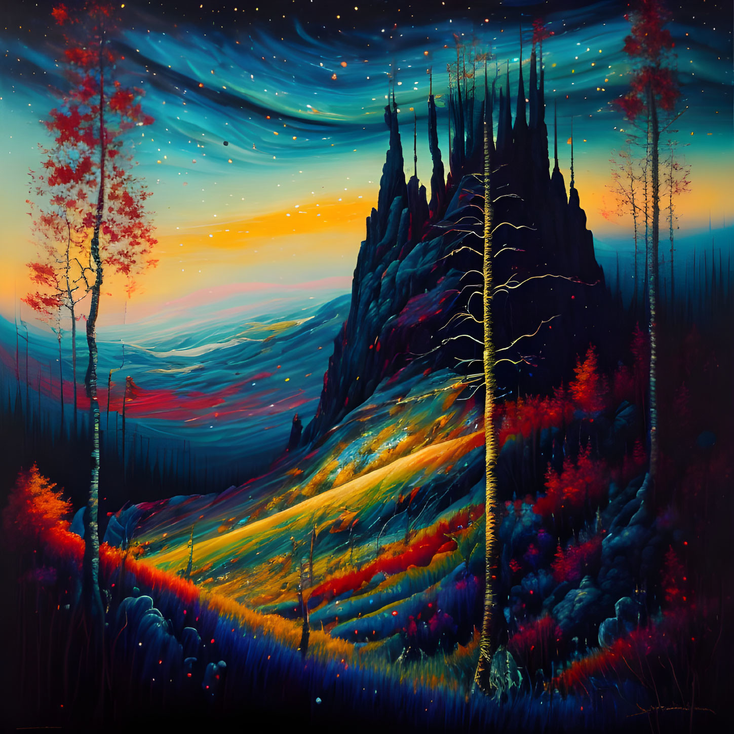 Colorful surreal landscape with autumnal flora and dark mountains