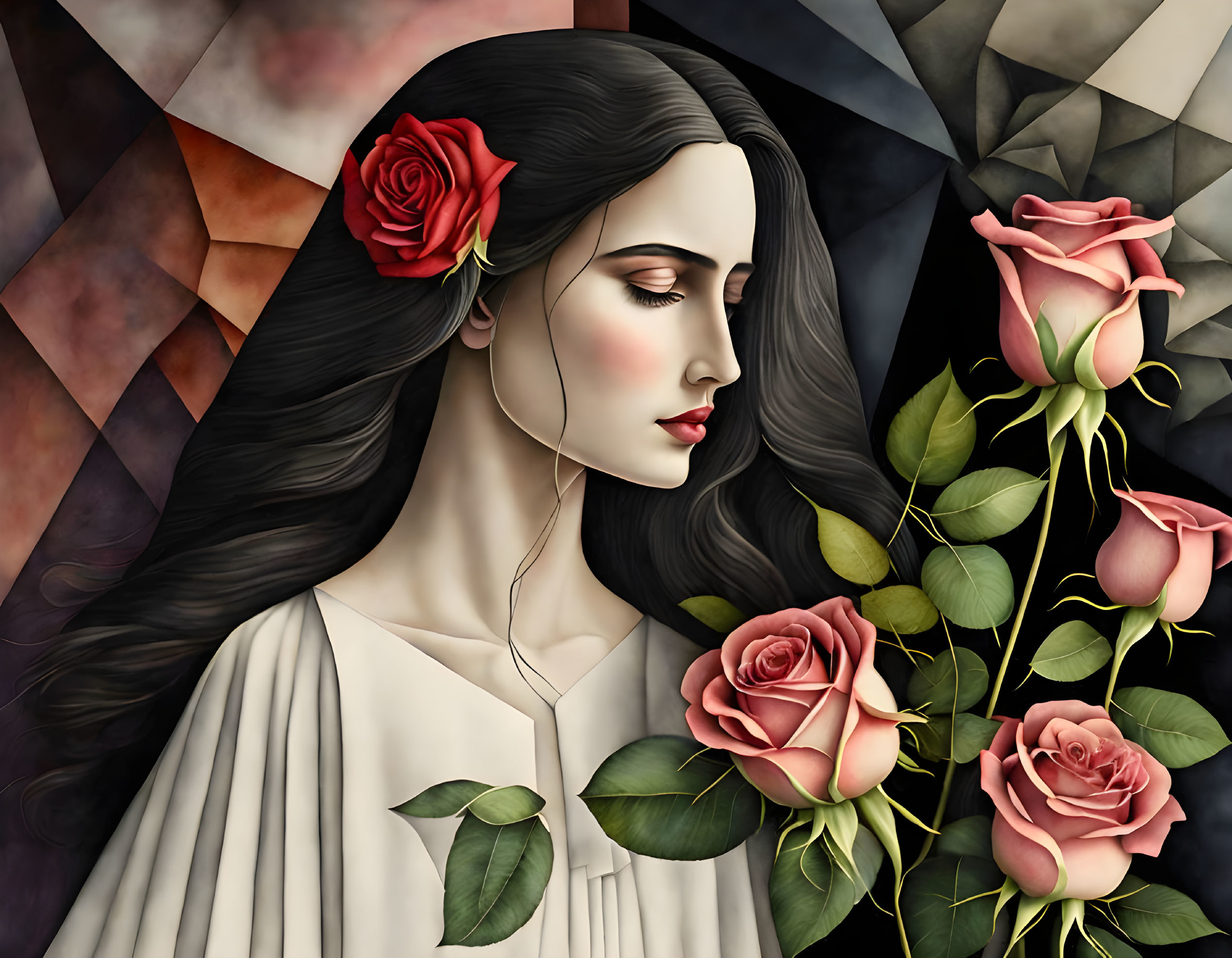 Stylized woman with red rose in hair and geometric background