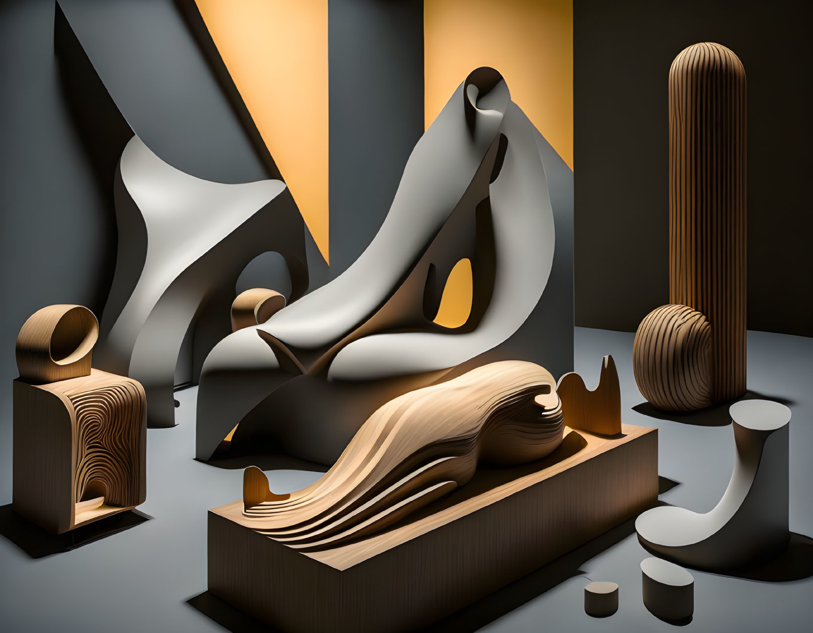 Fluid Shapes & Wooden Textures in Warmly Lit 3D Art Installation