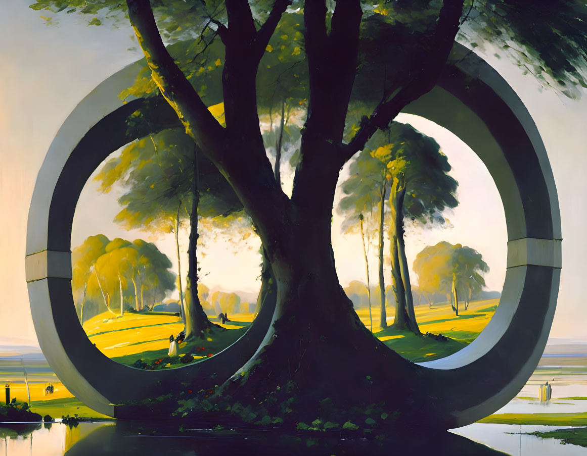 Surreal landscape with circular structure, tree, pond, and sunlight