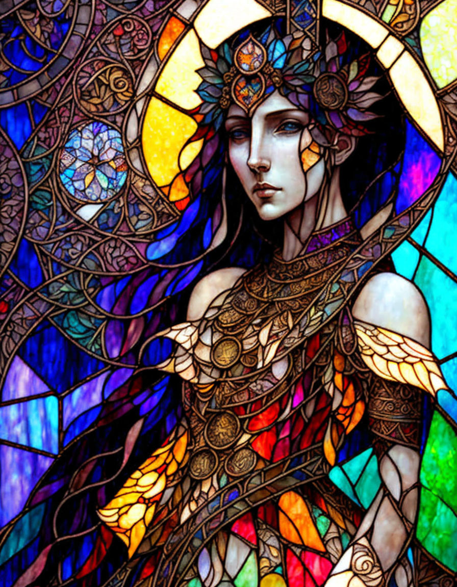 Colorful stained glass artwork of figure in ornate headgear and armor