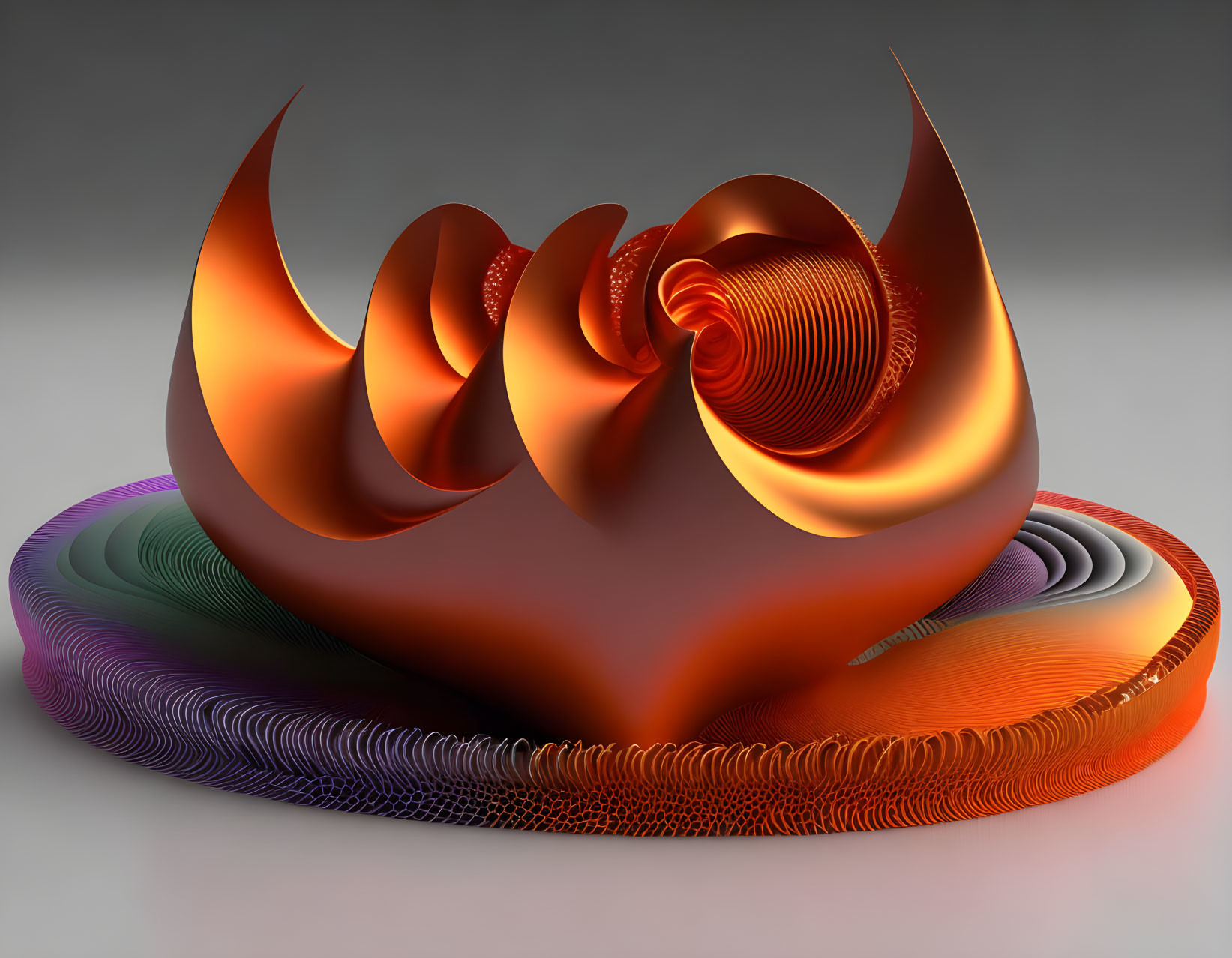 Colorful 3D sculpture with flame-like curves on patterned disc