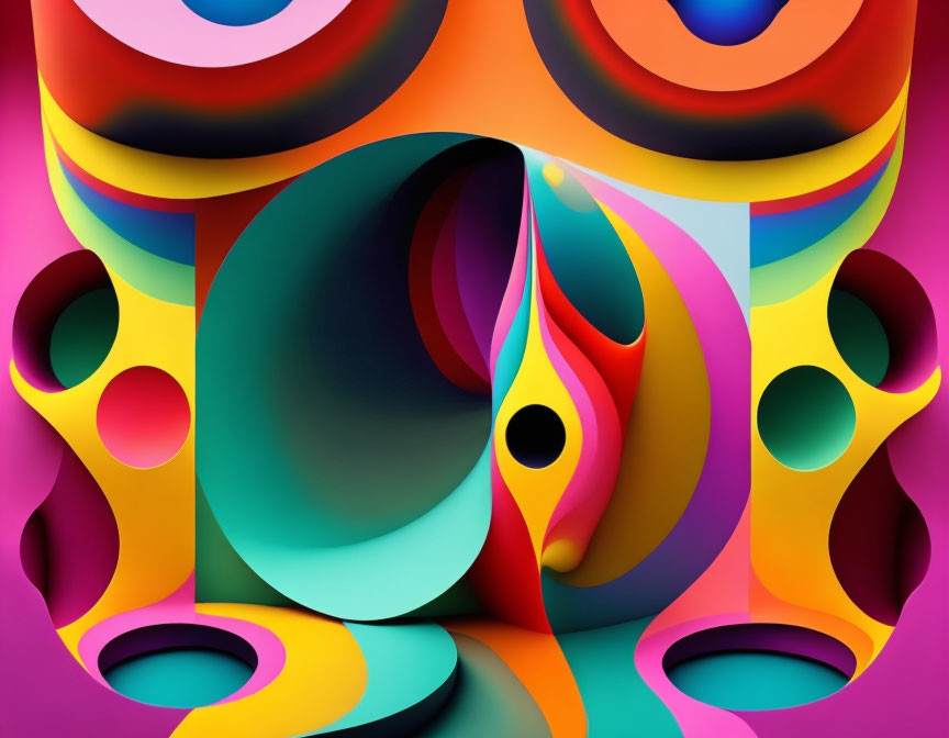 Symmetrical abstract art: Bold colors, organic shapes, 3D tunnel illusion