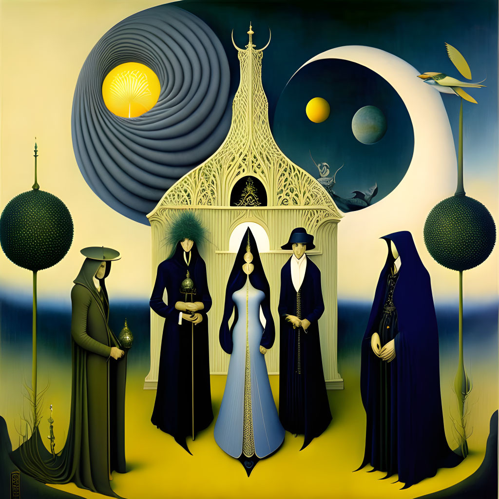 Surrealist painting with Victorian figures in cosmic landscape