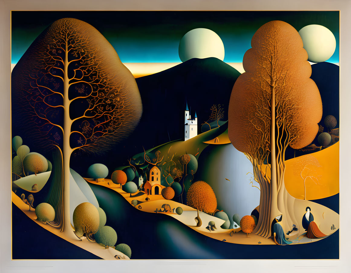 Fantastical landscape painting with castle, trees, figures, and twilight sky