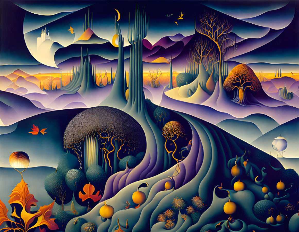 Surreal landscape with flowing forms, trees, hills, twilight sky, birds.