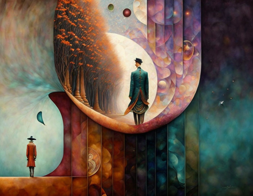 Surrealist painting with two figures in dreamlike landscape