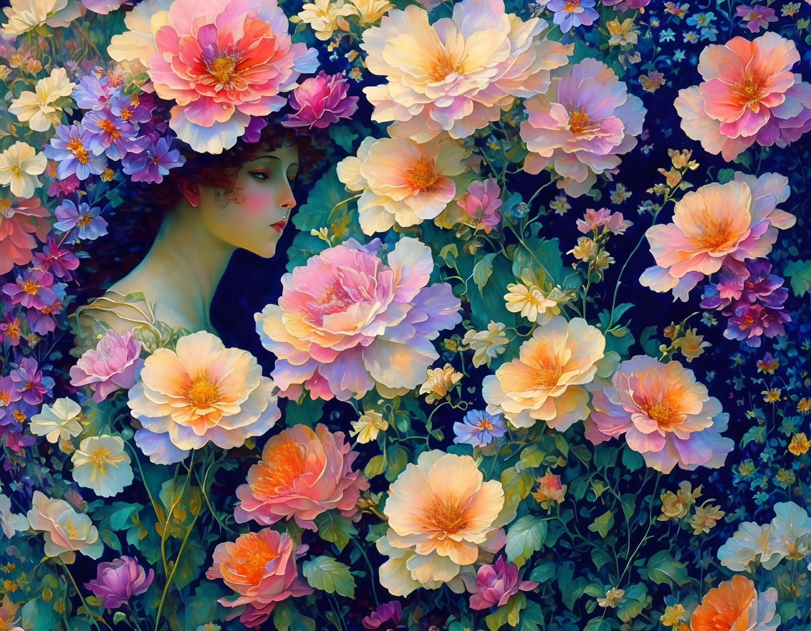 Profile of Woman Surrounded by Vibrant Blooming Flowers on Dark Blue Background