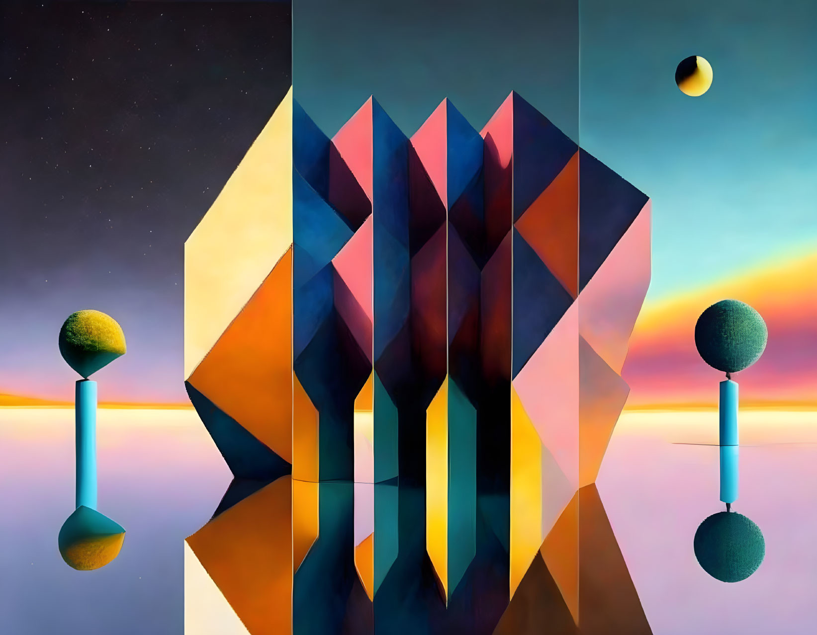 Geometric abstract landscape with mirrored surfaces and celestial elements