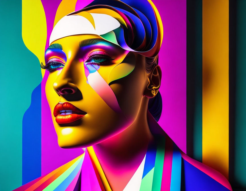 Colorful digital artwork: Woman's face with multicolored shadows