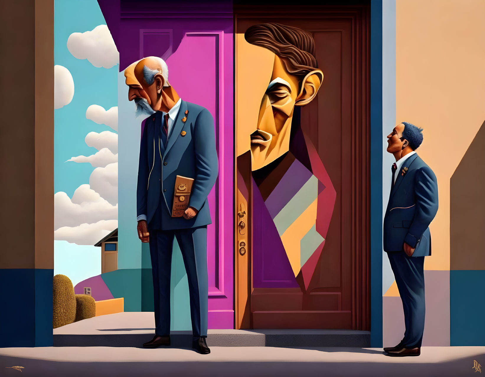 Illustration of two men in suits at vibrant doorway under blue sky