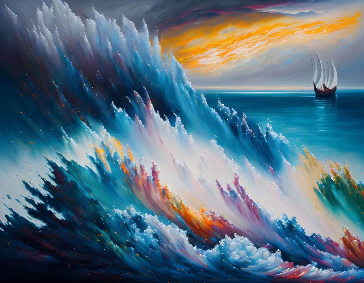 Colorful Waves Painting: Serene Sunset Sky with Sailboat