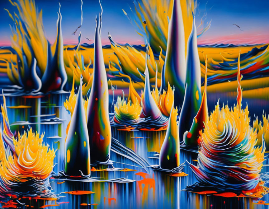 Colorful Abstract Painting with Flame-like Shapes Reflected on Water at Twilight