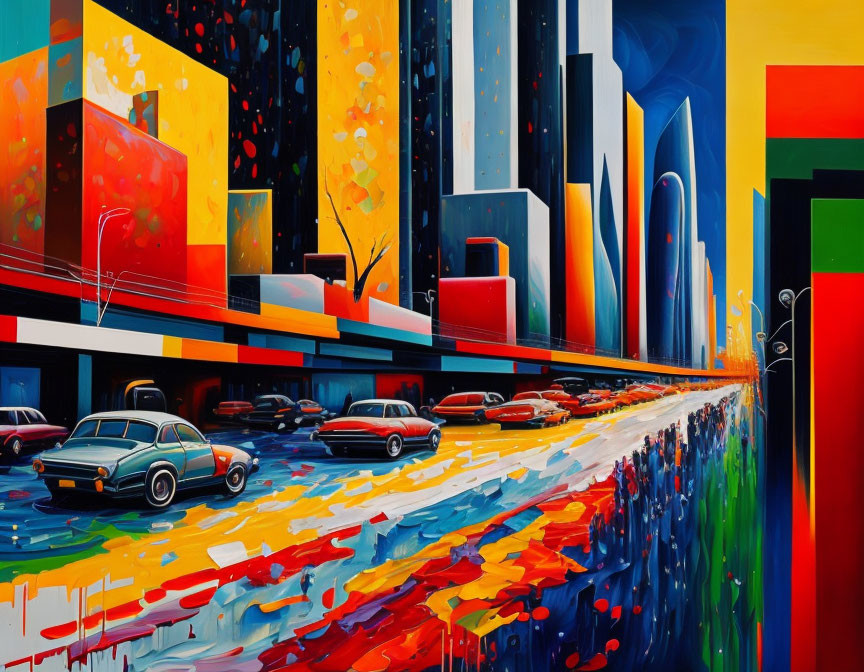 Vivid Abstract Cityscape Painting with Colorful Structures and Stylized Cars