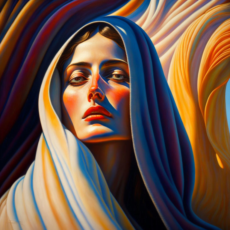 Vibrant painting of woman in flowing garment with fiery and golden hues