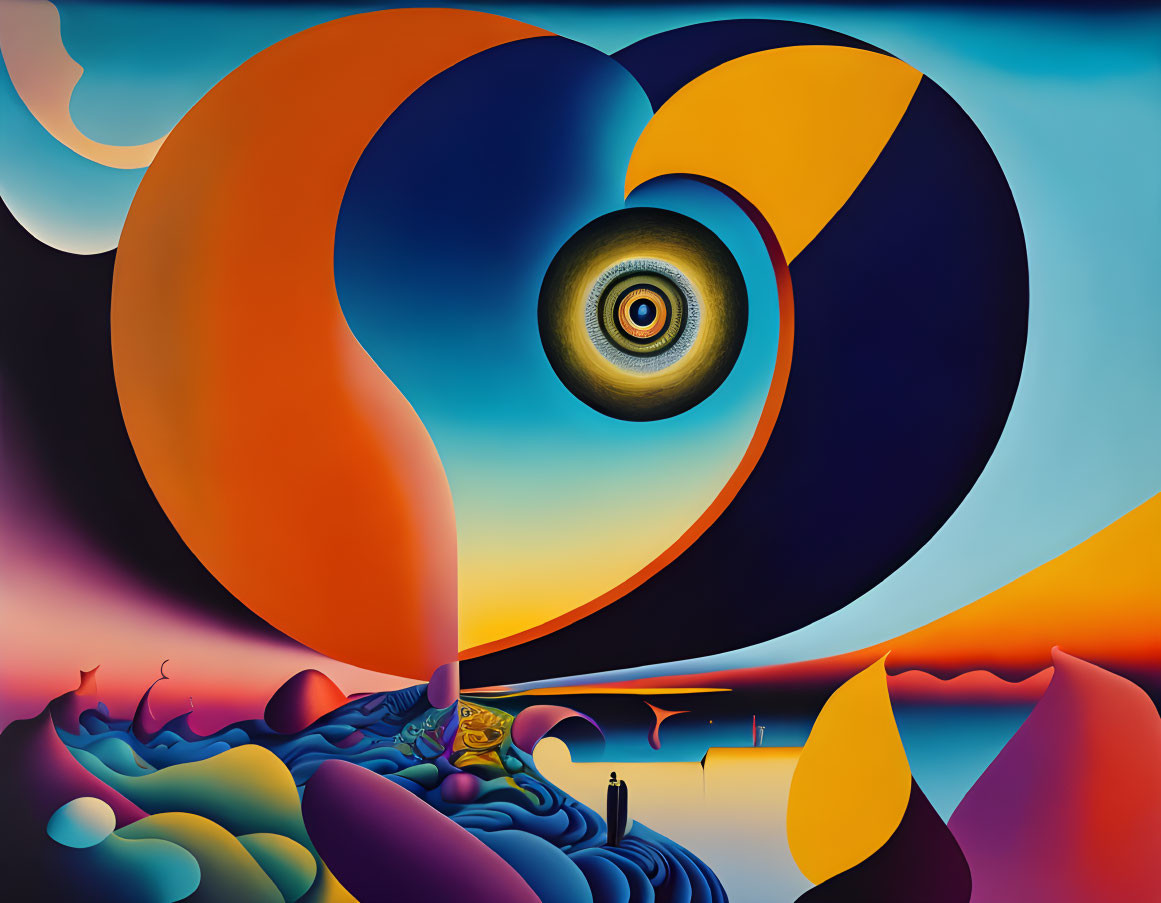 Vivid abstract painting: central eye motif, swirling shapes, surreal landscape, intricate figure.