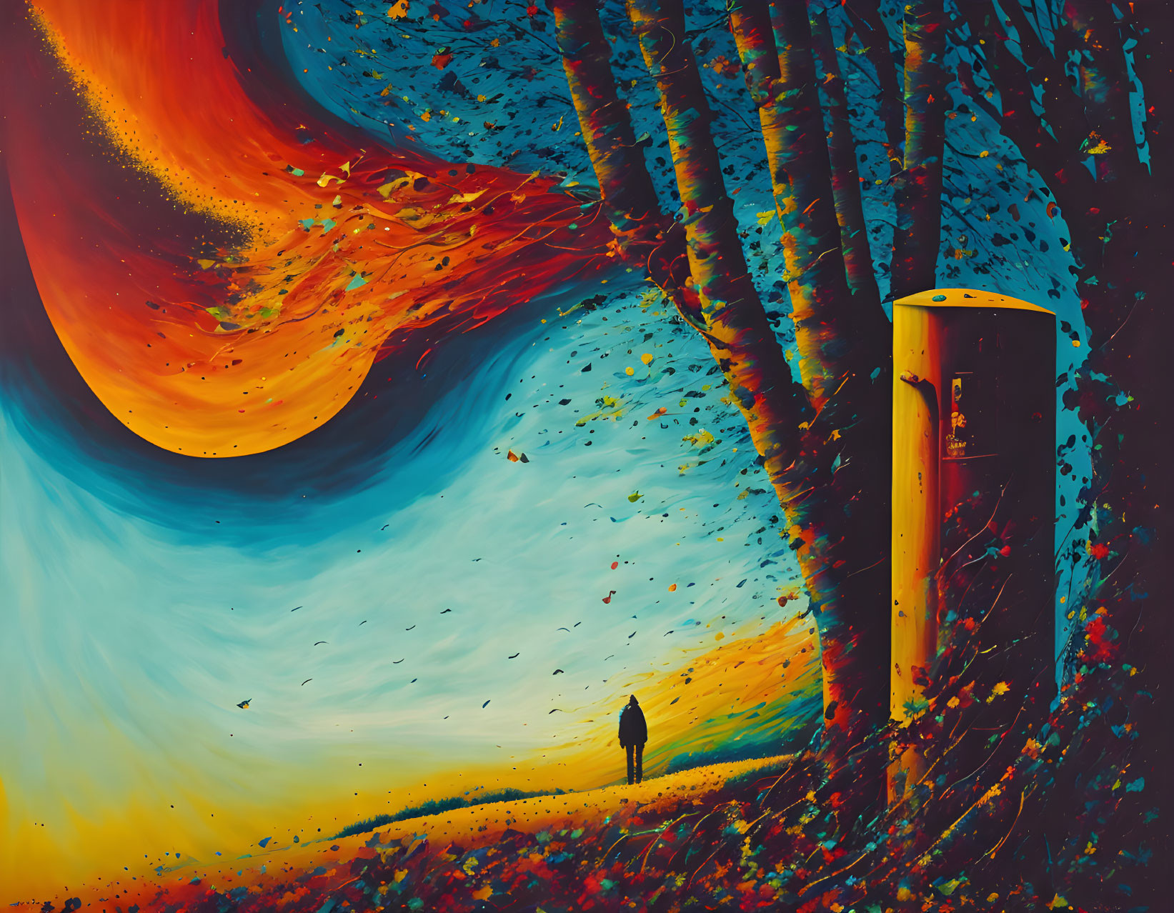 Vibrant surreal painting with swirling sky, figure under tree, and colorful splatters.