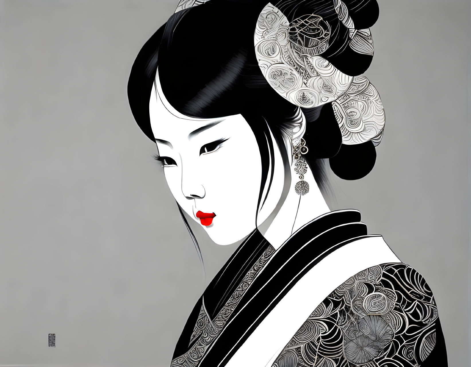 Monochrome illustration of woman with intricate hair ornaments and red lips in traditional Asian attire