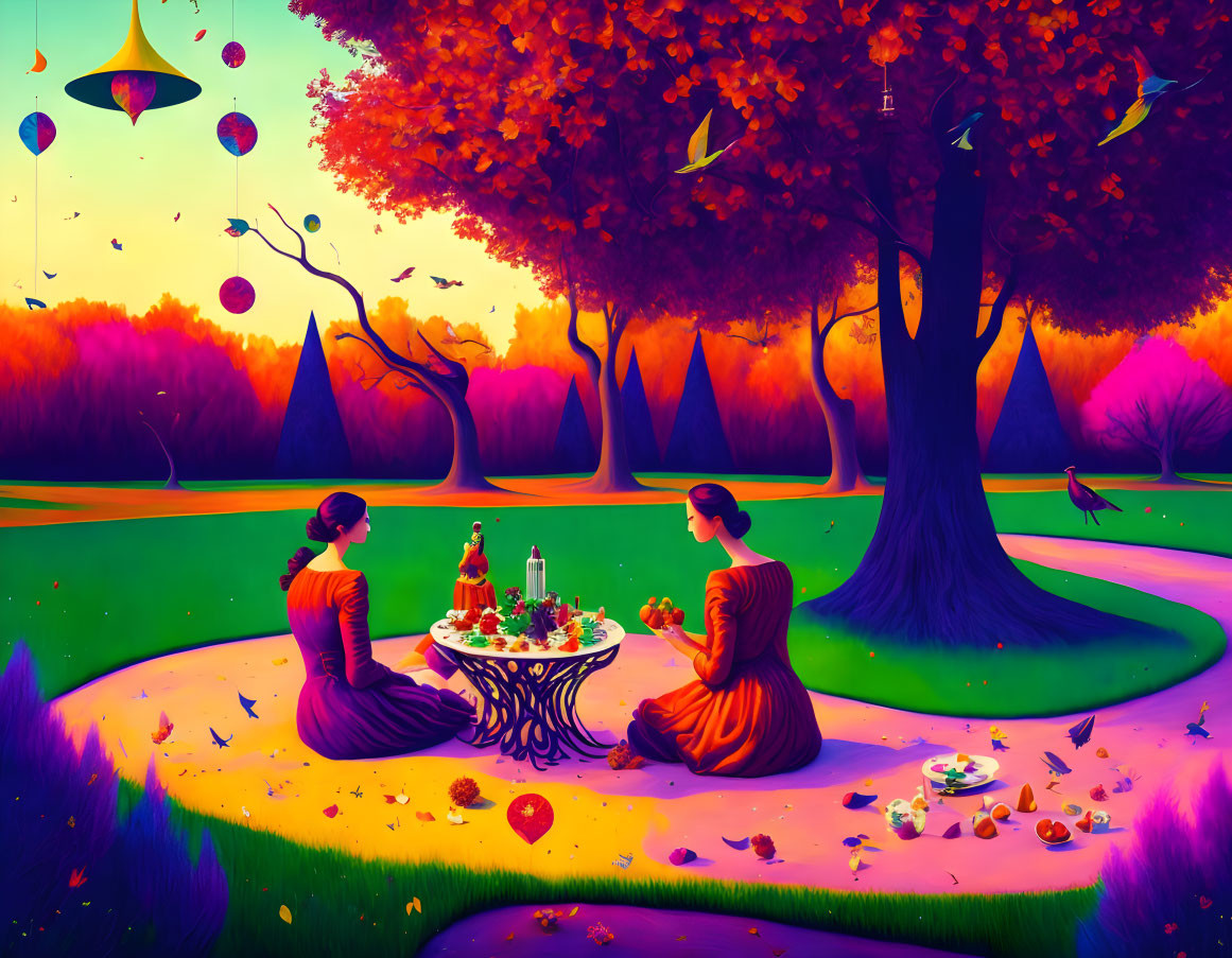 Orange-robed individuals picnic under tree in vibrant landscape