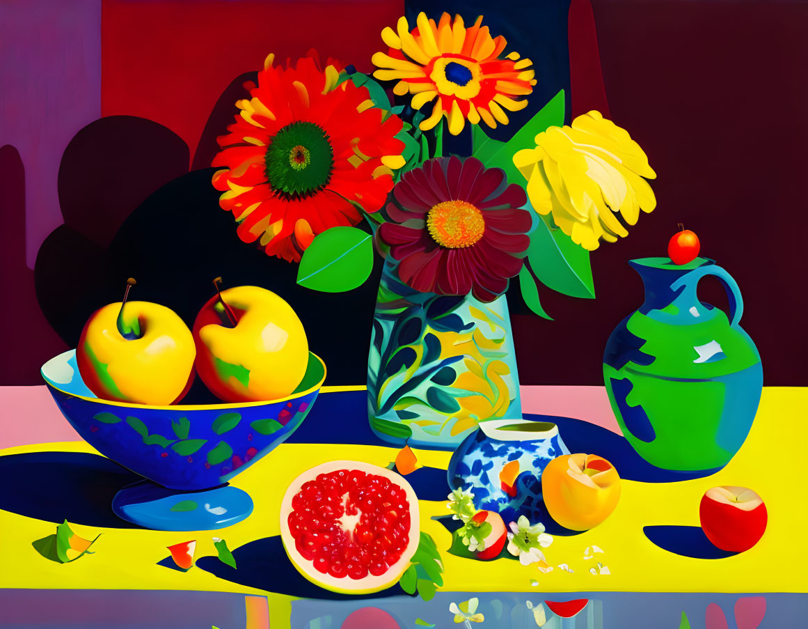 Colorful Still Life Painting with Flowers, Apples, Pomegranate, and Blue Pitcher