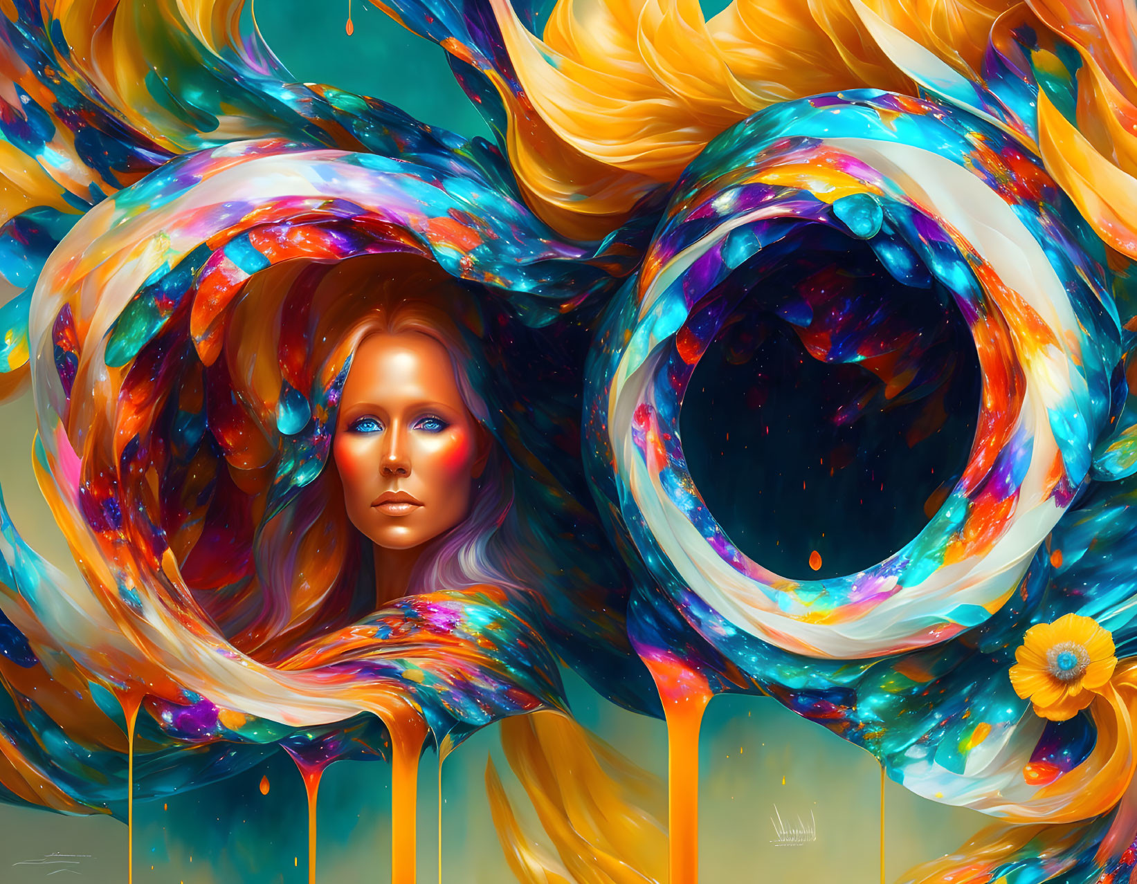 Colorful digital art: Woman's face with cosmic swirls and sunflower on abstract background