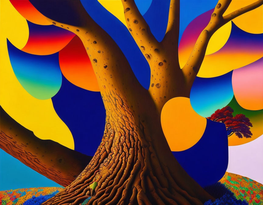 Colorful painting of a twisted tree on vibrant background