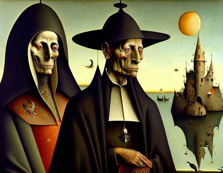 Surreal painting of figures with skeletal faces in nun and gentleman attire, with castle and floating orange