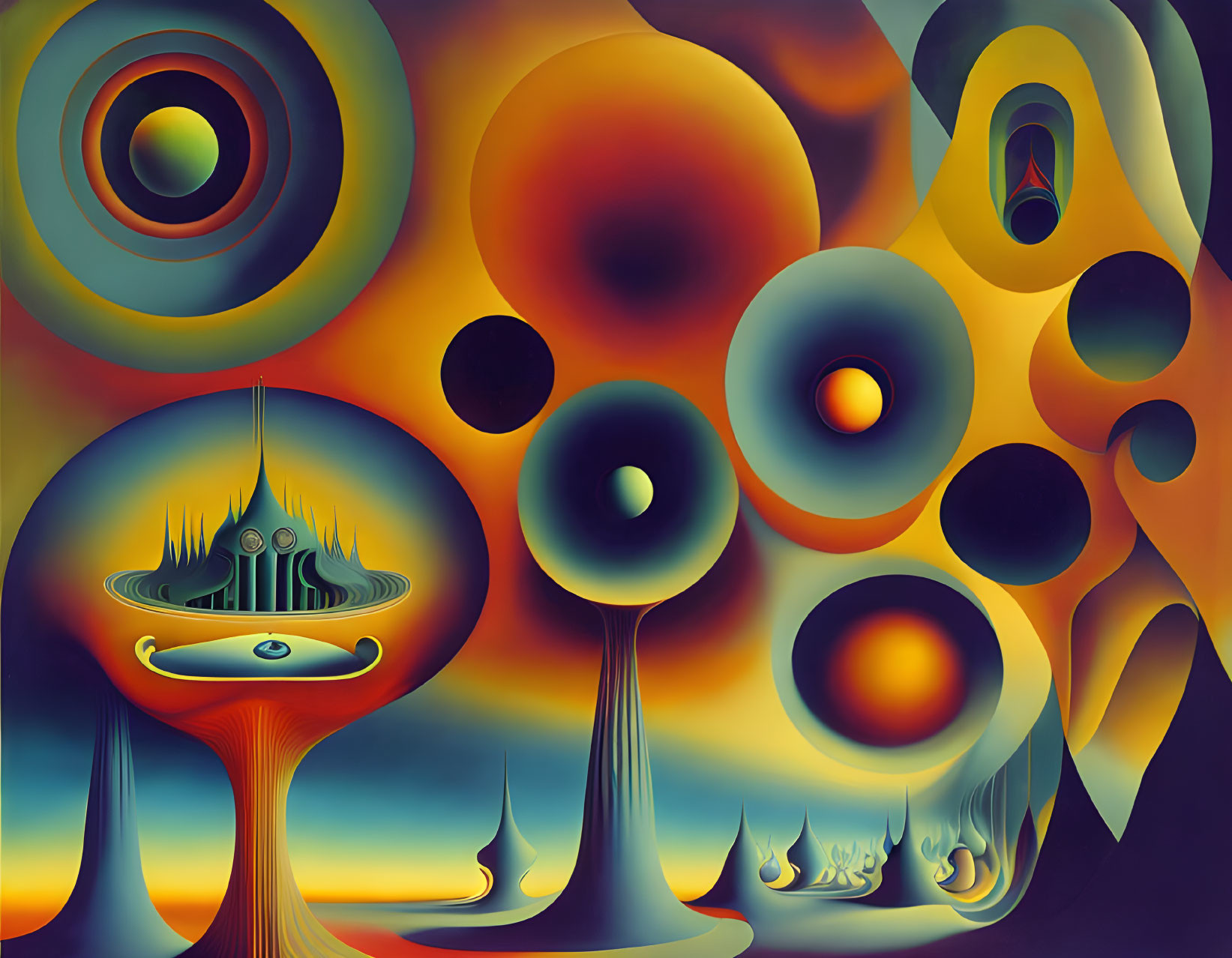 Vibrant abstract painting: concentric circles, mushroom-like shapes, warm colors.