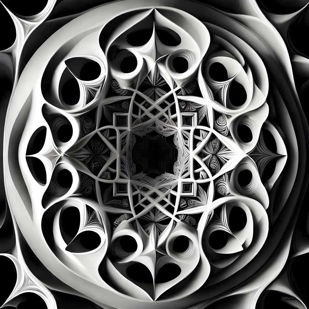 Symmetrical Black and White Fractal Design with Intricate Interlocking Patterns