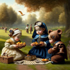 Children in vintage clothing having a picnic in a park with pastries, bird flying, people walking.