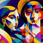 Vibrant cubist artwork featuring two faces with geometric shapes and bold colors