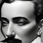 Close-up monochromatic portrait of person with styled mustache, clear skin, and earring.