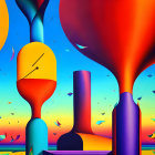 Vibrant surreal art: abstract shapes, melting clocks, birds, split blue-orange backdrop