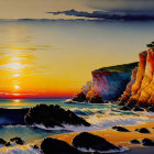 Vibrant sunset over rugged coastline with colorful cliffs and crashing waves