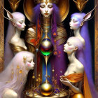 Regal figure with golden headdress and ethereal beings in fantasy illustration