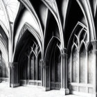 Monochrome drawing of a gothic cathedral interior with vaulted ceilings and stained glass windows.