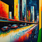 Vivid Abstract Cityscape Painting with Colorful Structures and Stylized Cars