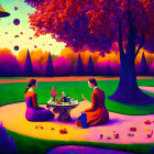 Orange-robed individuals picnic under tree in vibrant landscape