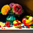 Colorful Bouquet and Fruits Still Life Painting with Dark Background