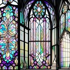 Colorful Floral and Geometric Stained Glass Window in Gothic Arch Frame