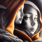 Reflective gaze of two women in warm orange and monochrome hues, surrounded by butterflies in snowy weather