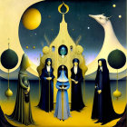 Surrealist painting with Victorian figures in cosmic landscape